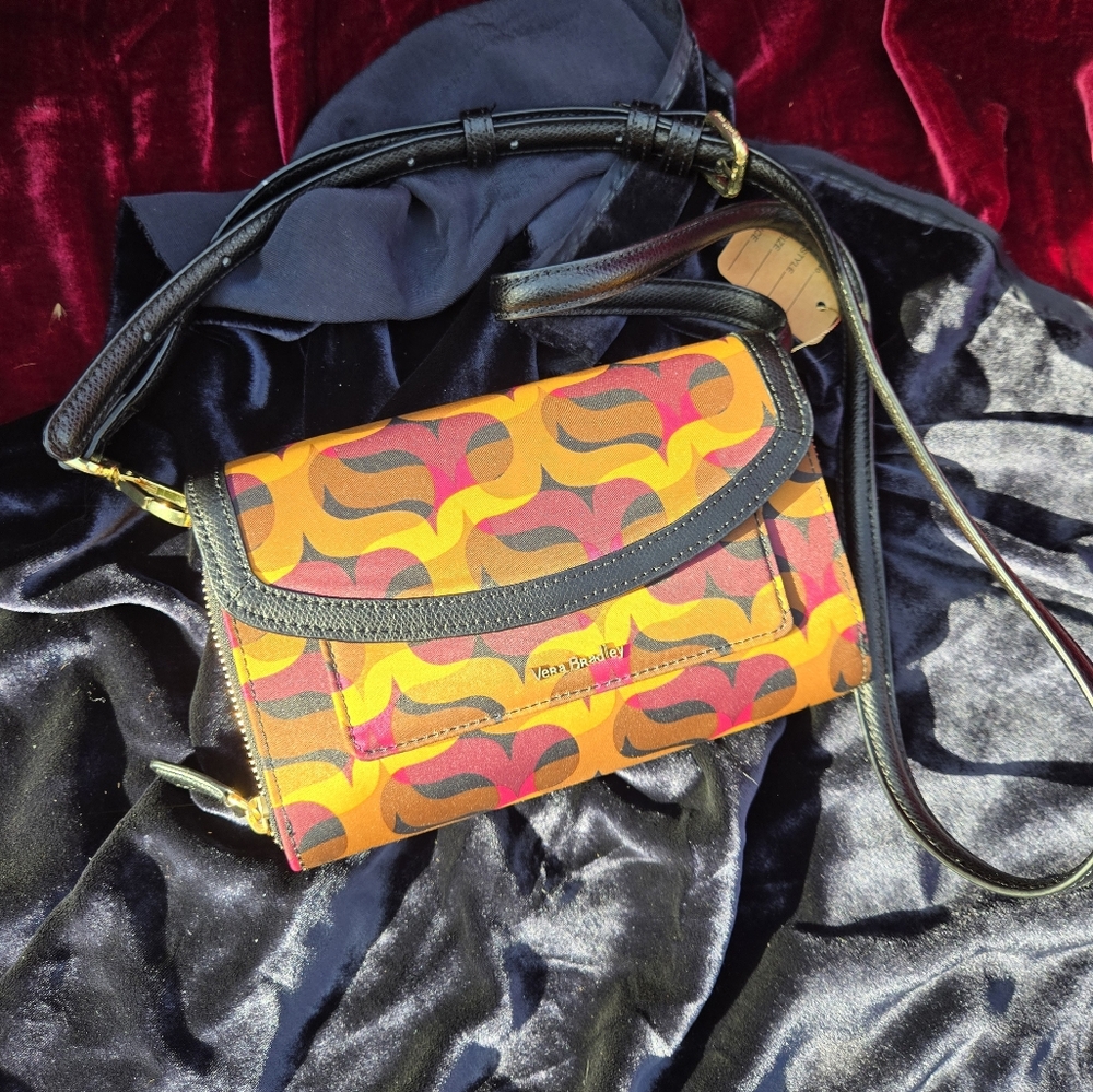 Vera Bradley Geometric Print Wallet Crossbody Bag Black Gold